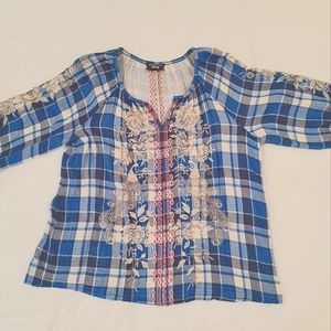 Johnny Was Workshop Large Blue Plaid Blouse